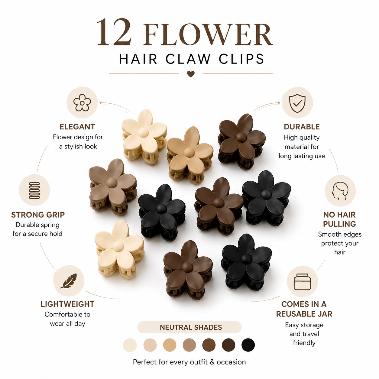 Poffzy Bloom & Hold – 12 Pcs Flower Hair Claw Clips for Women | Neutral Shades