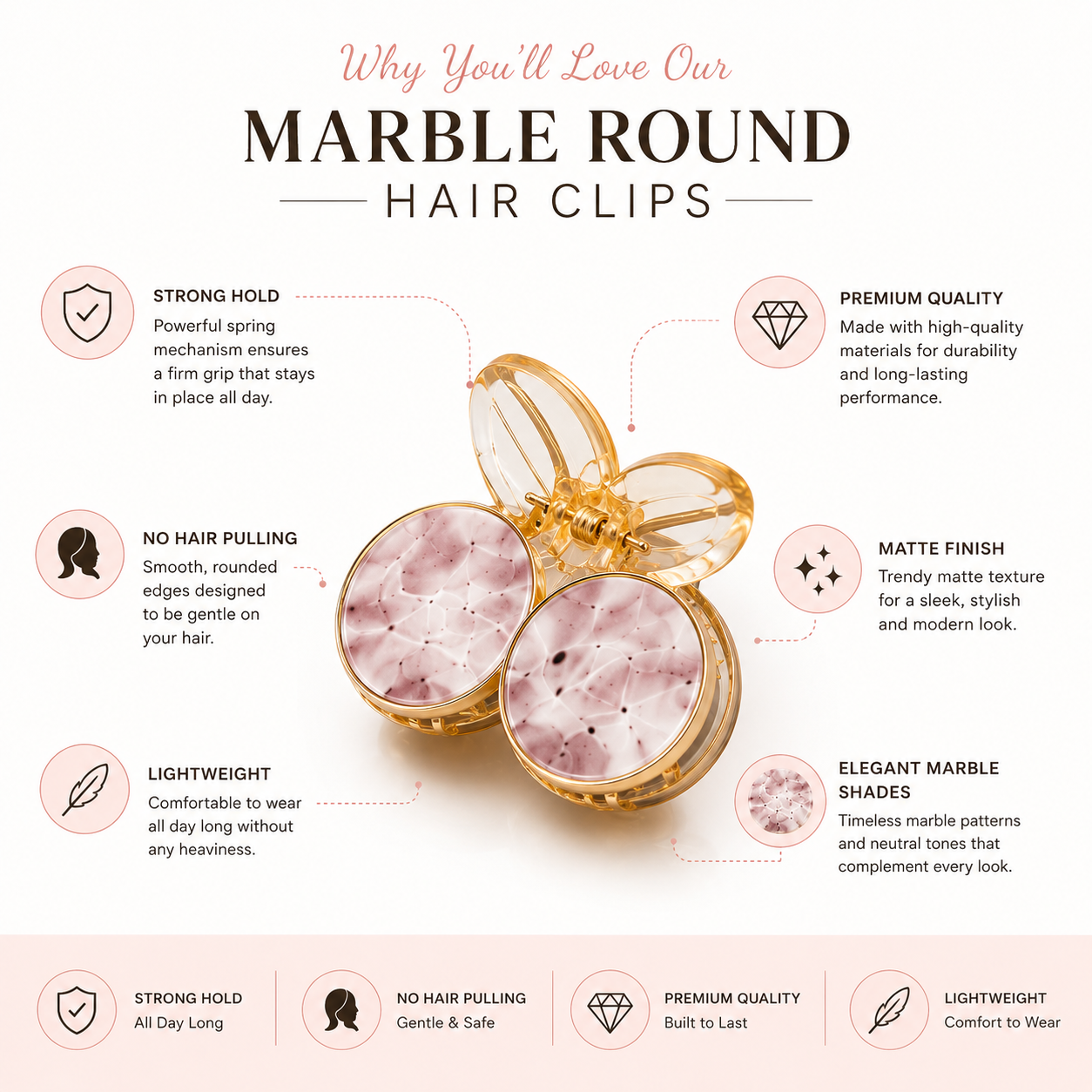 Poffzy Marble Round Hair Clips Pack of 6