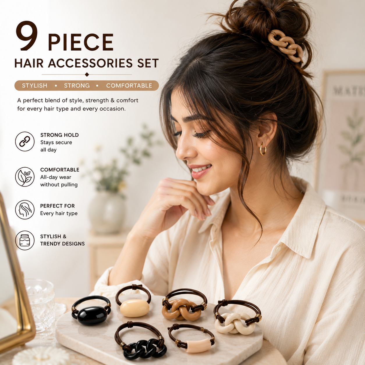 Poffzy 9-Piece Stylish Hair Accessories Set – Strong Hold & Comfortable Everyday Hair Ties
