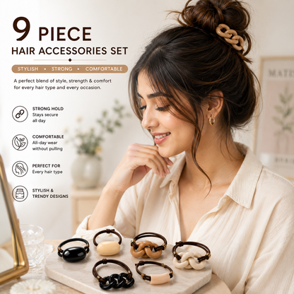 Poffzy 9-Piece Stylish Hair Accessories Set – Strong Hold & Comfortable Everyday Hair Ties