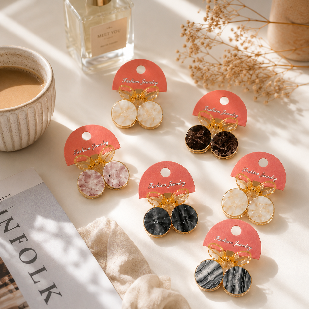 Poffzy Marble Round Hair Clips Pack of 6