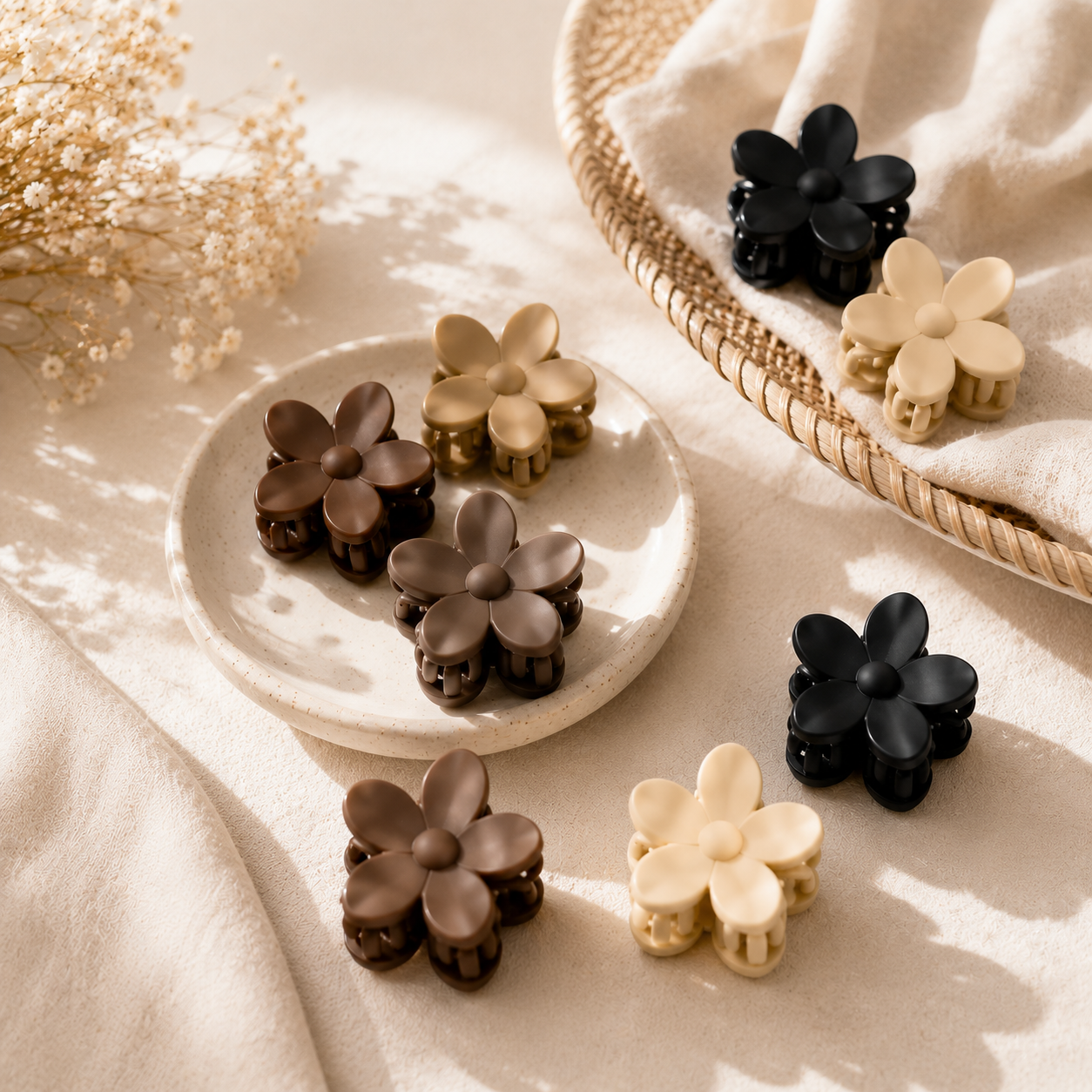 Poffzy Bloom & Hold – 12 Pcs Flower Hair Claw Clips for Women | Neutral Shades