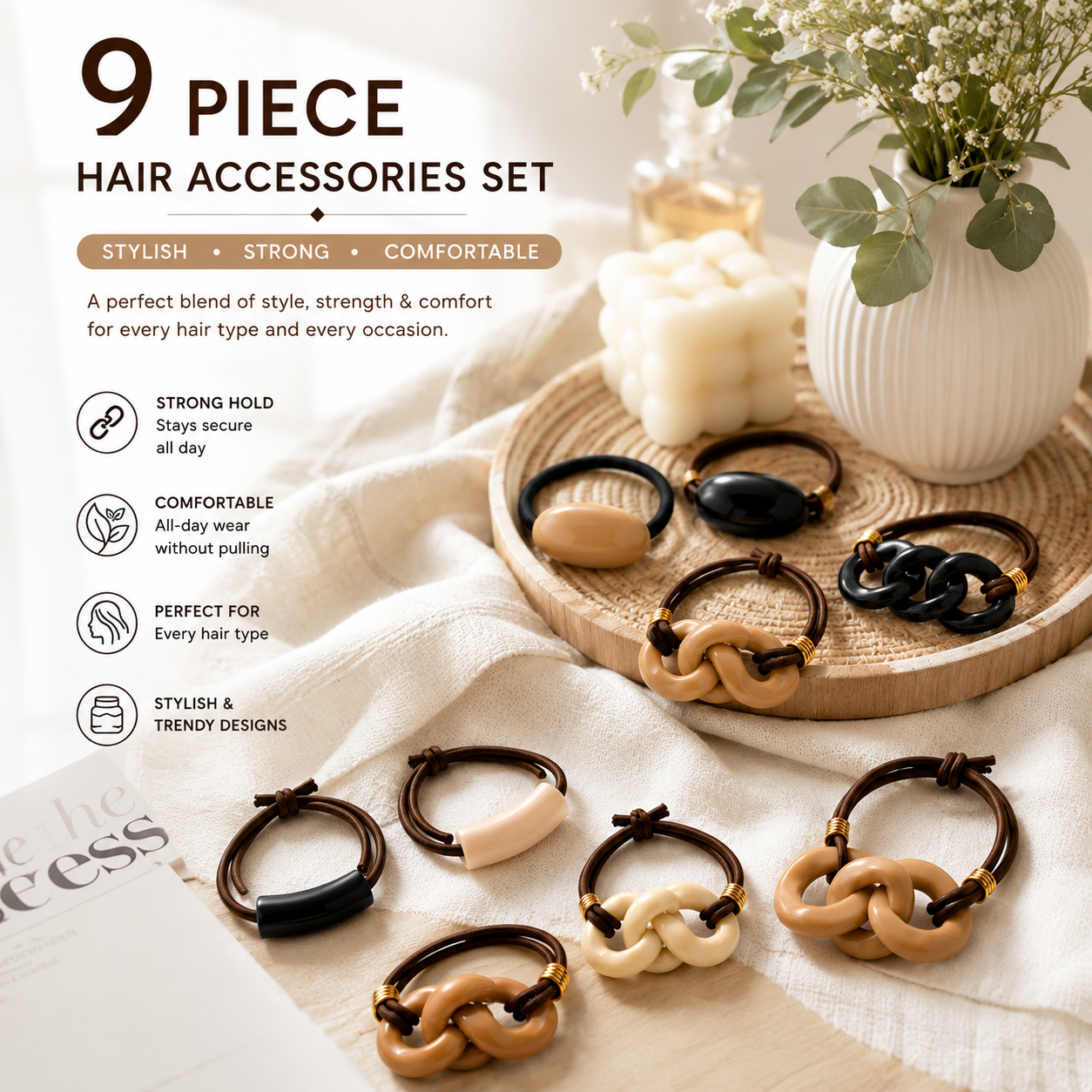 Poffzy 9-Piece Stylish Hair Accessories Set – Strong Hold & Comfortable Everyday Hair Ties