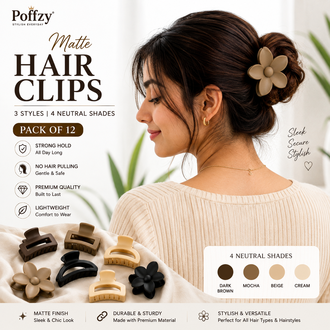 Poffzy Matte Hair Clips 3 Styles Pack of 12