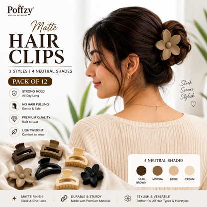 Poffzy Matte Hair Clips 3 Styles Pack of 12