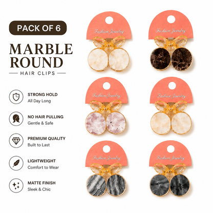 Poffzy Marble Round Hair Clips Pack of 6