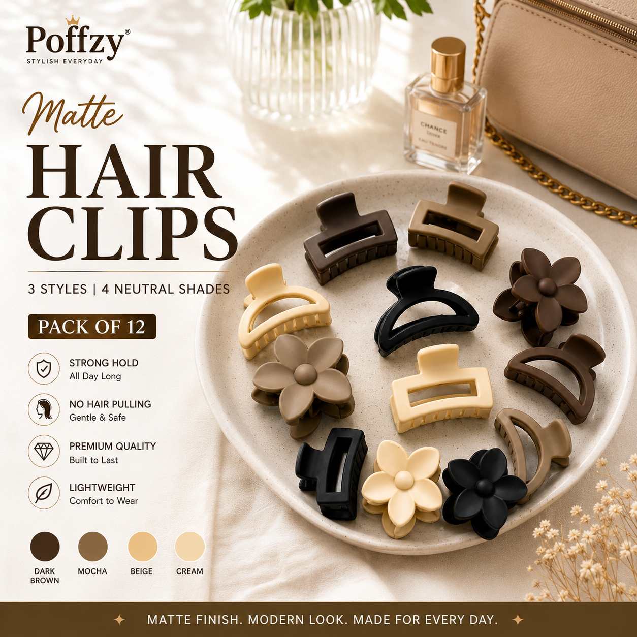 Poffzy Matte Hair Clips 3 Styles Pack of 12