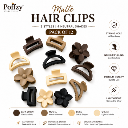 Poffzy Matte Hair Clips 3 Styles Pack of 12